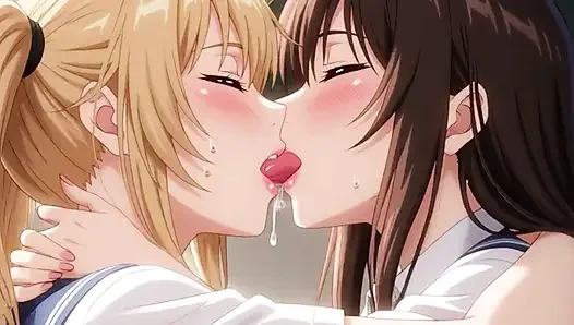 Two Girls in Uniforms. Hot Kiss