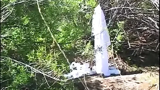 Astronaut stud lands on a planet where a blonde primitive babe sucks his cock outdoors