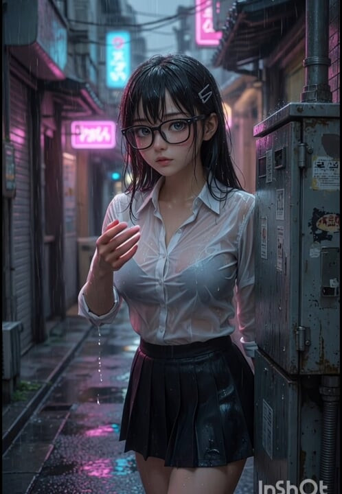 Fofa asiática menina de 3d anime acena para você para ela no beco na chuva