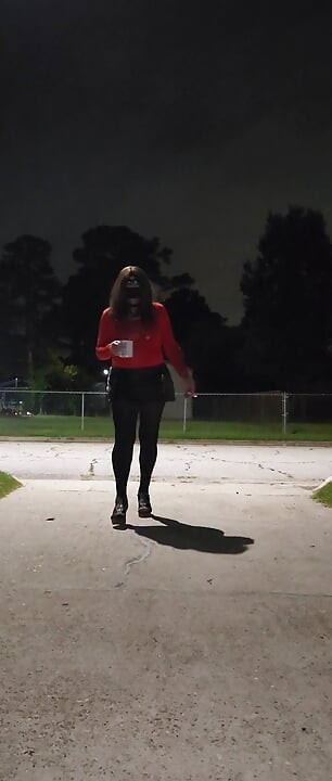 Crossdresser outdoors. Having a smoke and coffee tease.
