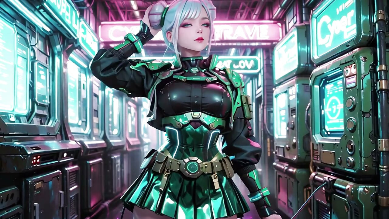 The Green Armored Girl! Silver-haired Valkyrie kneeling and glancing back, fingertips tracing her cold metallic suit.