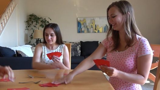 A relaxed strip card spoons game with two eager hotties