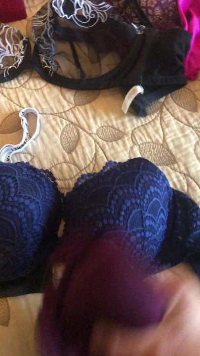 Jerking off with the other half of wifes bras and panties