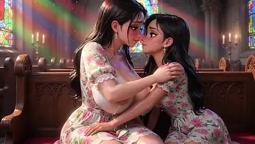 Two Curvy Brunette Women Secretly Milk Each Other In Church During Private Moment (AI generated)