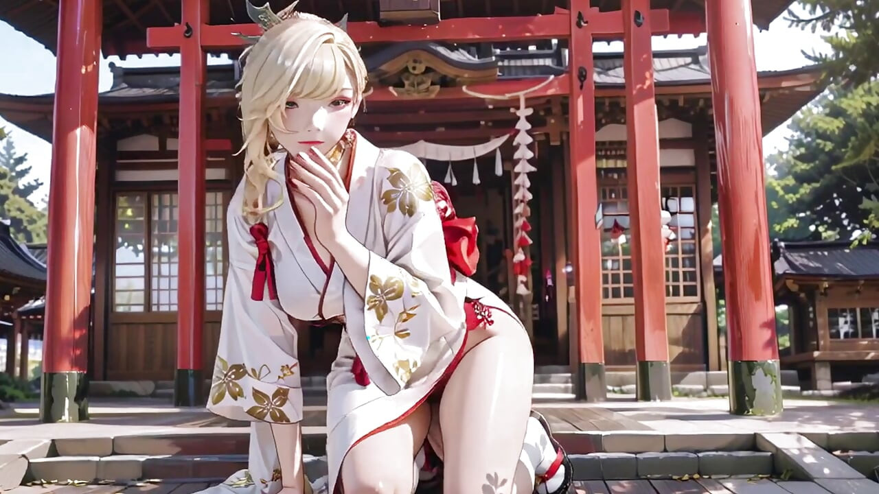 Kneeling under the Torii gate in a beige modified kimono, she touches her chest and traces her collarbon