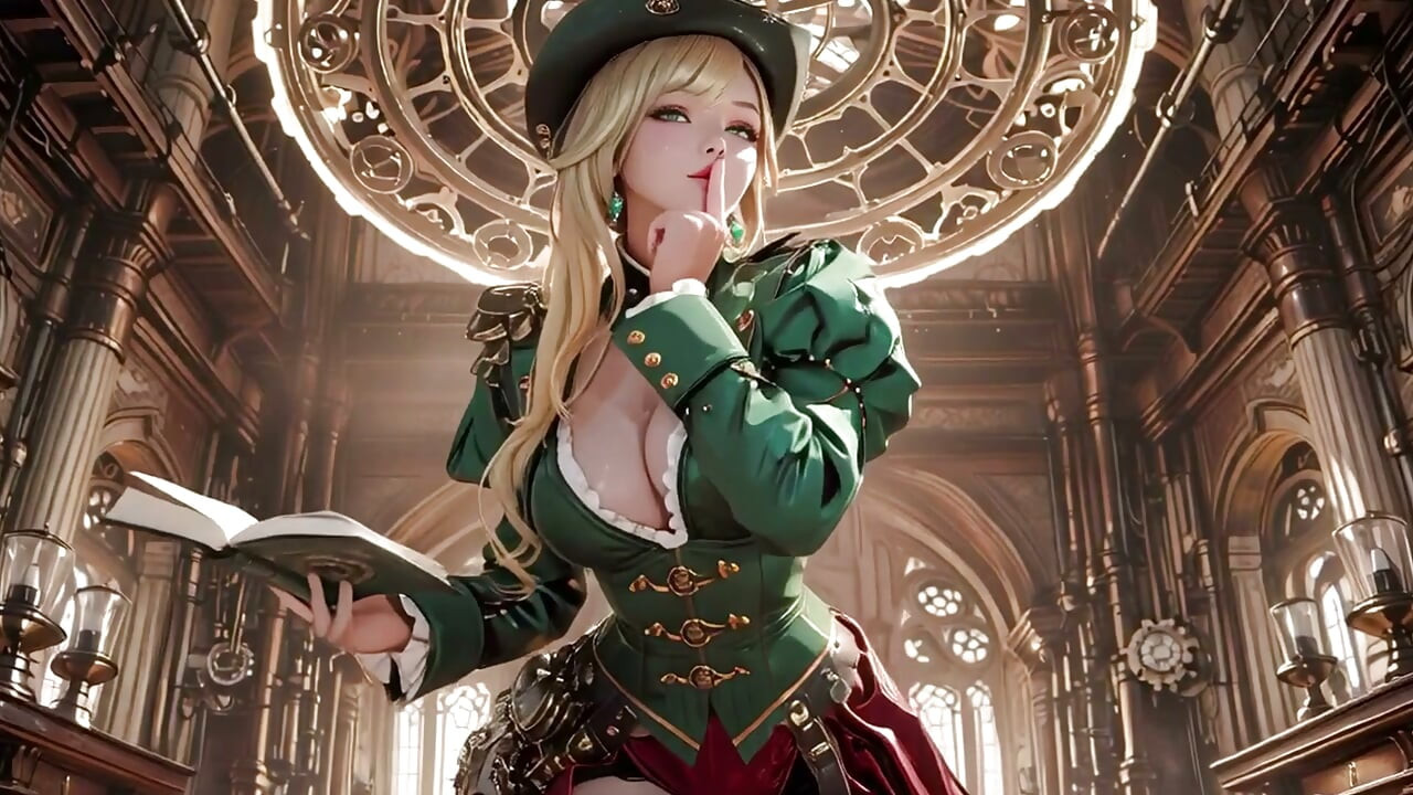 Secretară blondă Steampunk! Poze leneșe printre roți dințate uriașe, ajustându-și ochelarii cu o privire provocatoare.
