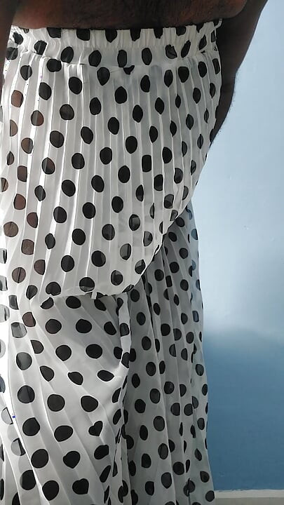 I'm masterbating wearing a Silk Seethrough chiffon black and white polka dots pleated Skirt