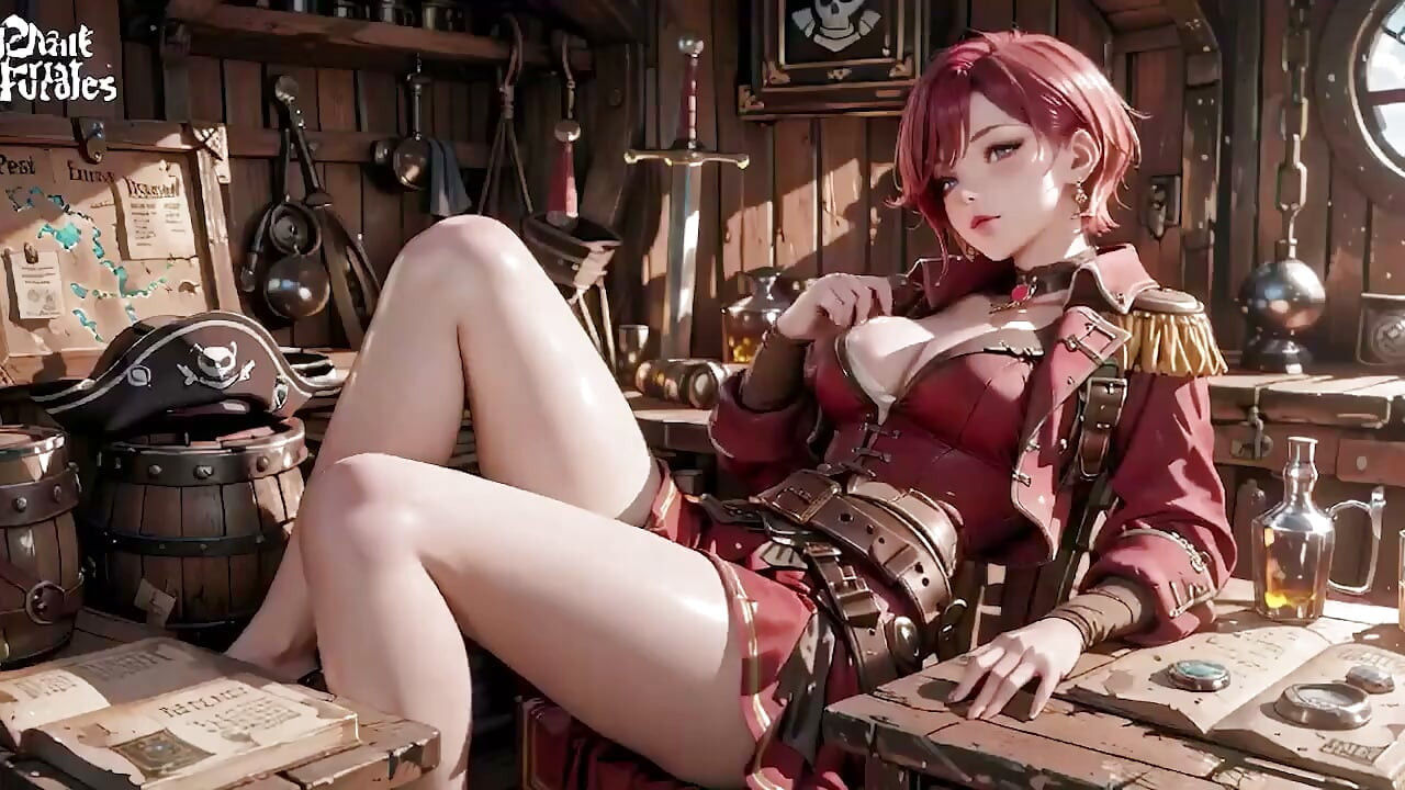Pelirroja capitán pirata! Jugando con su linda en una cabaña de un barco vintage.