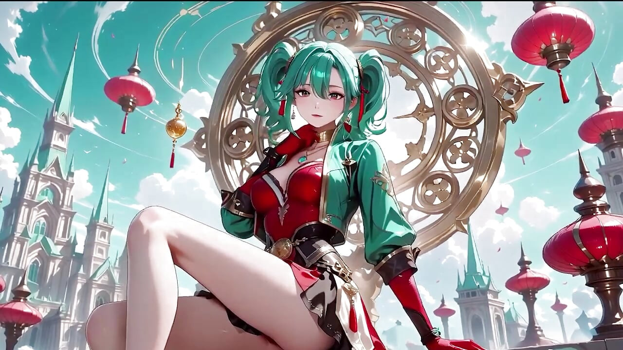 Green-haired warrior in a black-red battle robe, commanding yet shy on the floating terrace.