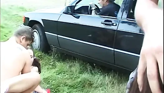 Outdoor Group Bang with Dripping Cum and Sloppy Blowjobs