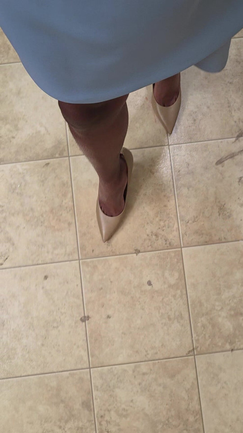 Walking with my light blue dress and high heels