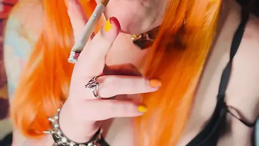 Hot Ginger Beauty, Tina Snua, Smoking A Cigarette In A Leather Dress - Snap Inhales OMI OME Drifting Cough