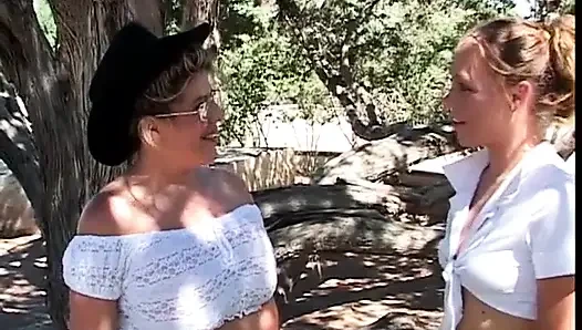 Lesbians pussy licking vintage dildo playing in the garden