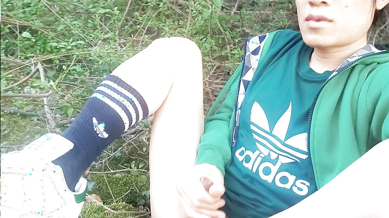 Ruined orgasm, but wanna full, thick cum, gay twink jerking off outdoor in adidas Stan Smith sneakers  Gay Asian boy wanking