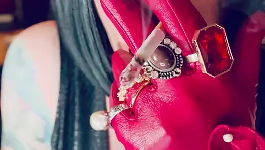 Red Leather Gloves & Rings! Smoking Tart Tina Snua Smokes A Cigarette & Shows Off Her Gloves - Smoker
