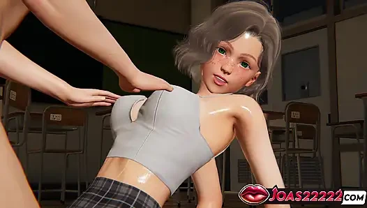 Возбужденная Katie в мини-юбке, 3D хентай - массаж больших сисек, стоны, тугая киска вибратор и G-Spot трах пальцами, сквирт