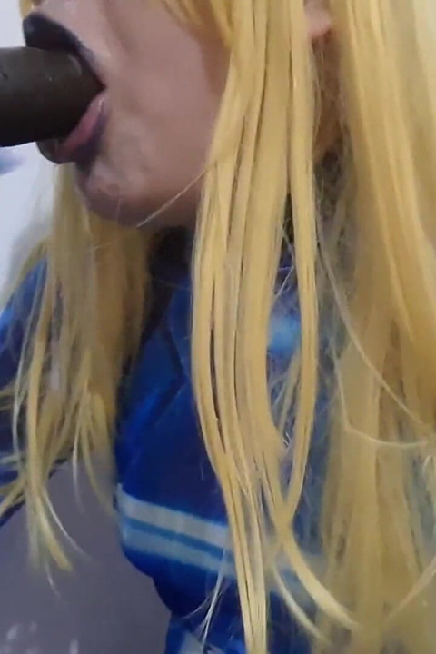 Cute Samus Femboy with BDSM Nosehook Giving a Sloppy Blowjob to BBC Dildo, Deepthroat, and Eating Semen