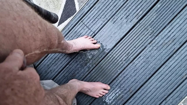 My ginger cock pissing on my bare feet on the deck before my daily wank session