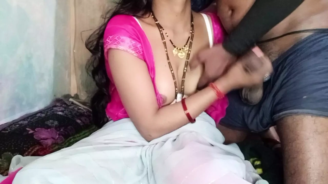 Hot Indian aunty pressed her big tits and got great pleasure by massaging her step son's penis