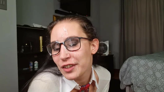 Nerdy girl with glasses sucking dick, cum on glasses