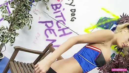 Hot blonde cheerleader in solo act