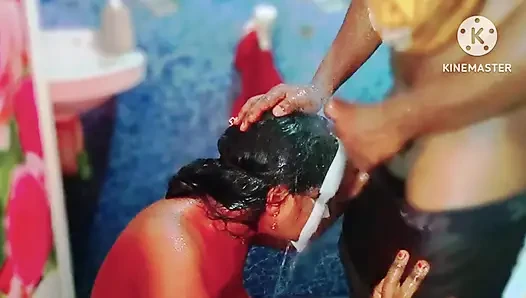 Sexy huge boobs desi girl gave a hot blowjob for his boyfriend in the bathroom and he cum on her hair