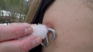 Playing With Snow On Pierced Nipples: 6 mm Hook