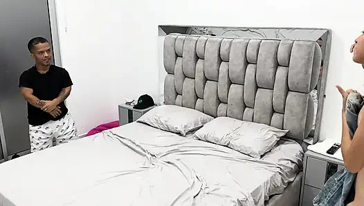 Muscular Latin man with huge cock penetrates Latin girl's pussy tightly until he cums inside her.