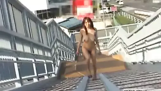 Subtitled busty Japanese public nudist goes for a walk