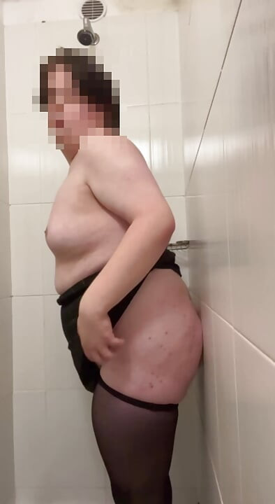 chubby fem boi crossdresser playing with dildo in shower