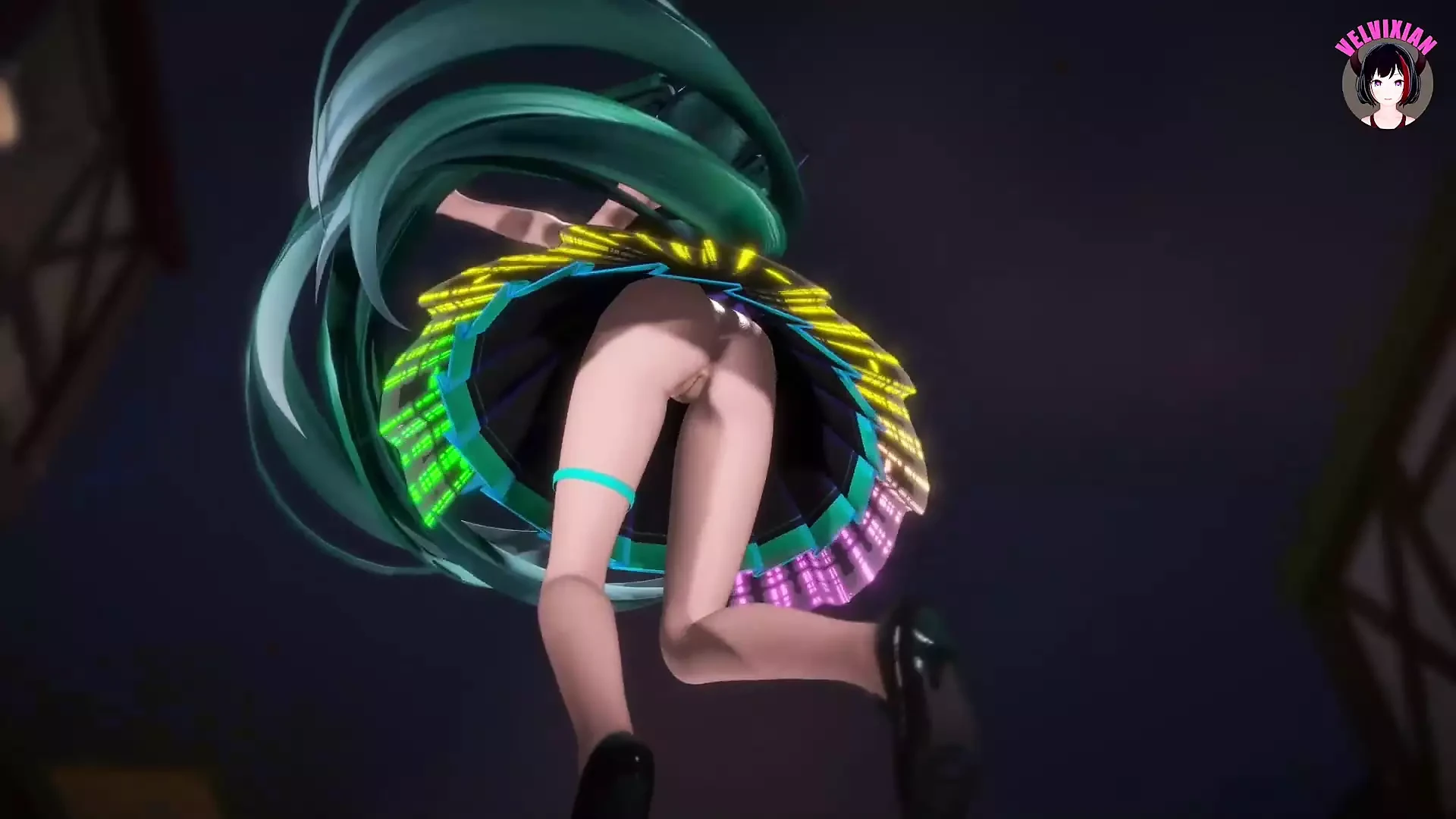 Siyah elbiseli sevimli miku dans ediyor + kademeli soyunuyor (3 boyutlu hentai)