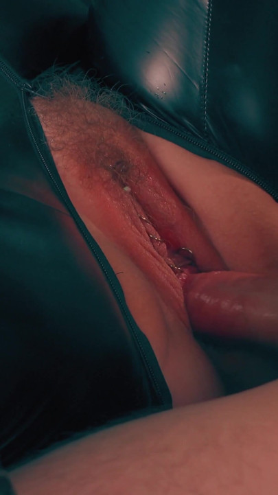 Tearing off clothes and rough fuck in a hairy pussy, Facial. Big Ass MILF in shiny black PVC catsuit used like a slut | Clip 1