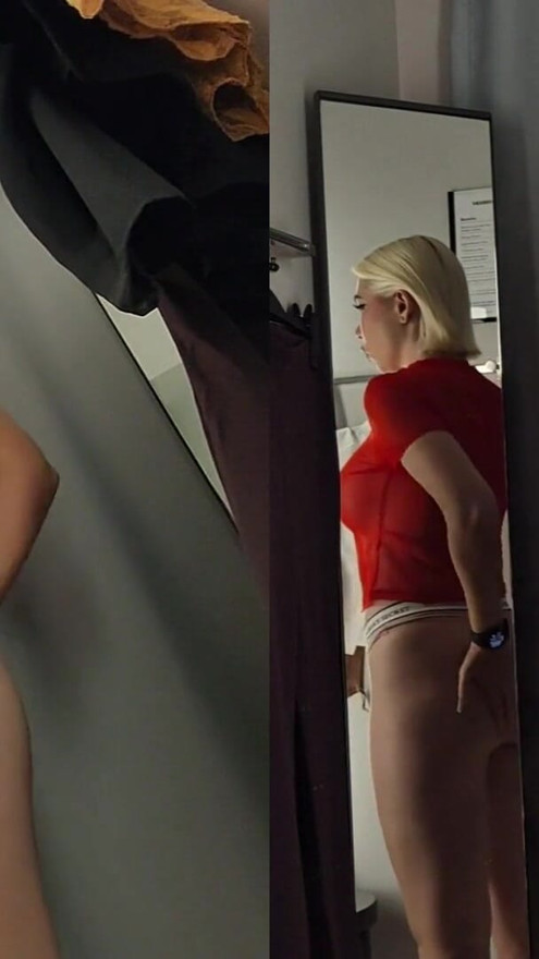 Blonde with Huge Tits Trying on Clothes in Mall. Milf Without Panties in Fitting Room | Clip 1