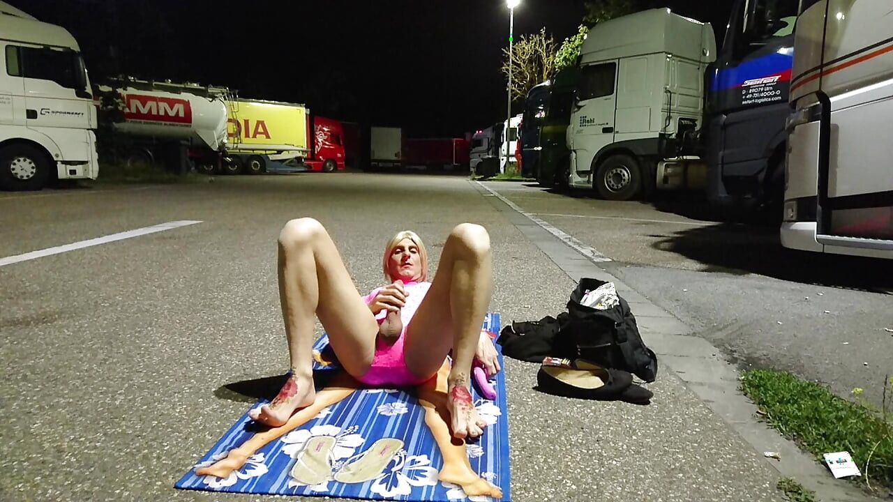 Undressing and masturbating at the truck seat