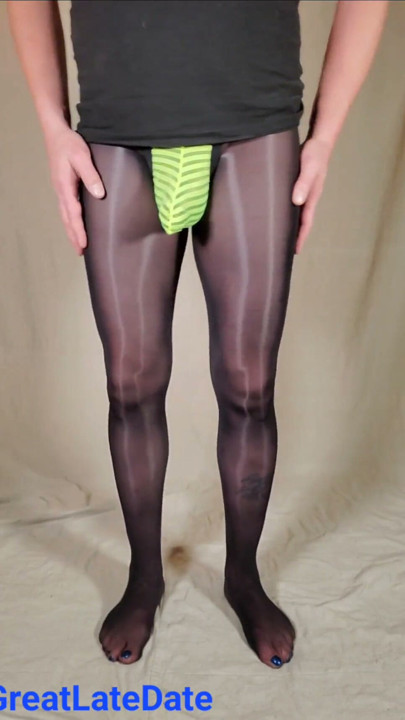 Cock bulging in black sheath pantyhose and thong | Clip 1