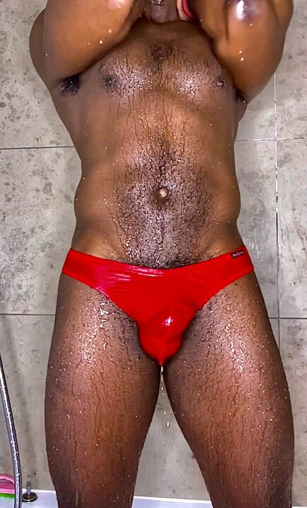 Stroking, and showering - in one of my favorite - red underwear