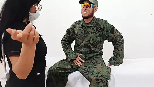 A doctor sensually gropes a soldier in the doctor's office during a consultation.