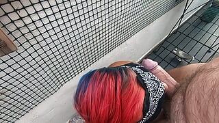 Blindfolded Wife Sucks Cock on Balcony & Swallows