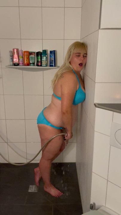 After swimming in a bikini in the shower, masturbating with the shower head & my fingers wet, dirty, multiple orgasms, moaning, shaking | Clip 2