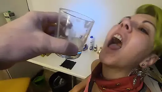 She drinks 11 loads of collected cum from a glass