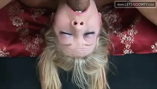 Blonde girl eats cum after gagging on a huge cock