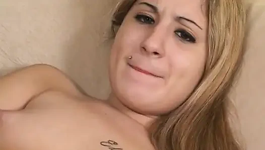 Blond small-boobed teen rubbing her clit