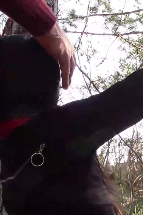 Outdoor sex in the wood. Wearing sexy clothes and high heels, bound, throated and fucked