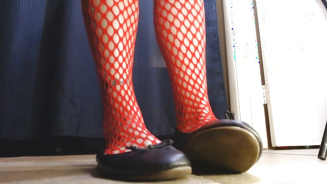 Red Fishnets Ballet Flats Shoeplay Dipping Toe Wiggling