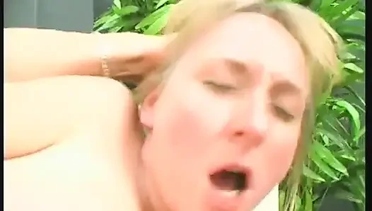 Dirty blonde opens wet pussy for garden fuckfest