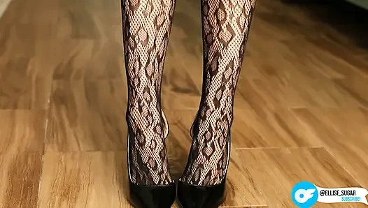 I'm Posing in a Black Fishnet Bodysuit and Heels, Pleasuring Myself with My Fingers