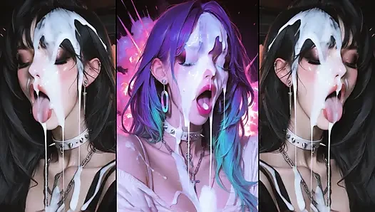 Anime-charaktere bekommen ihre gesichter gründlich mit sperma bedeckt.