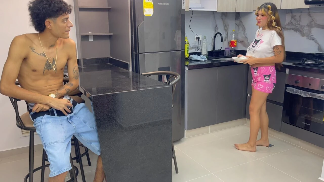 My shy stepsister catches me masturbating in the kitchen while she's making breakfast.