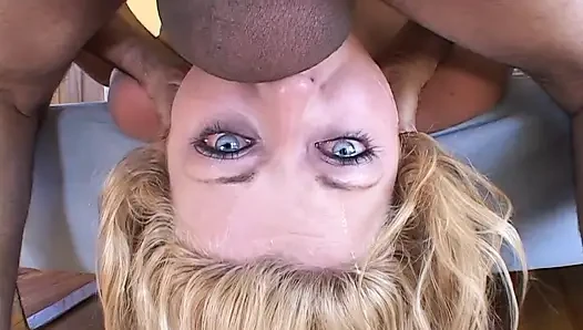 Blonde girl sucks and fucks two big black cocks to a cumshot