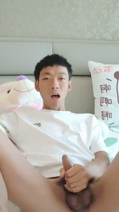 Cute Asian boy dorm bed with teddy bear masturbating moaning cum and eating cum | Clip 1